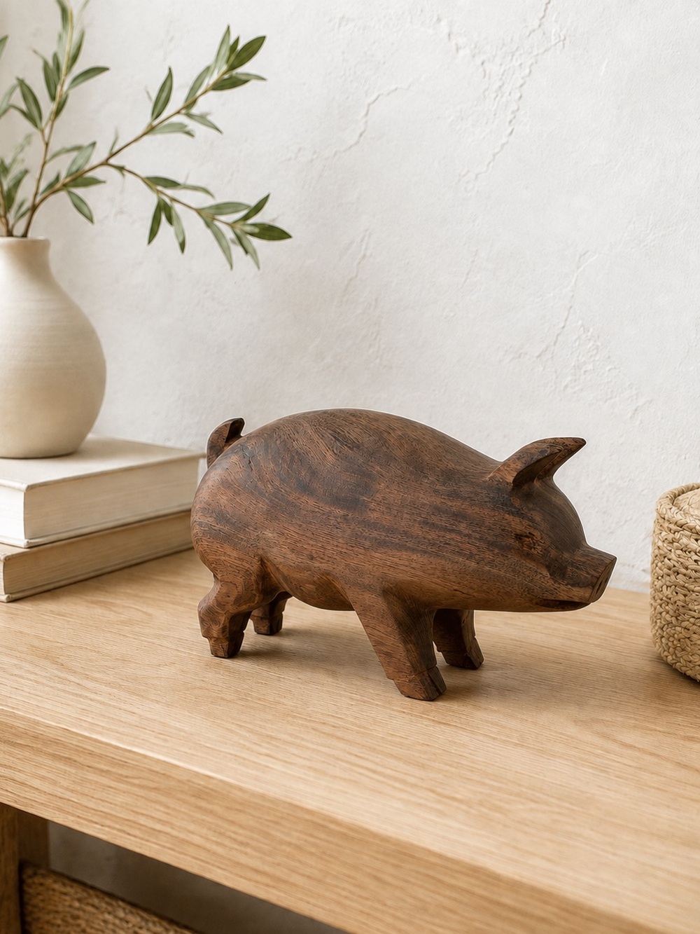 Hand Carved Solid Wood Pig Figurine Rustic Farmhouse Folk Art Decor 8” Heavy